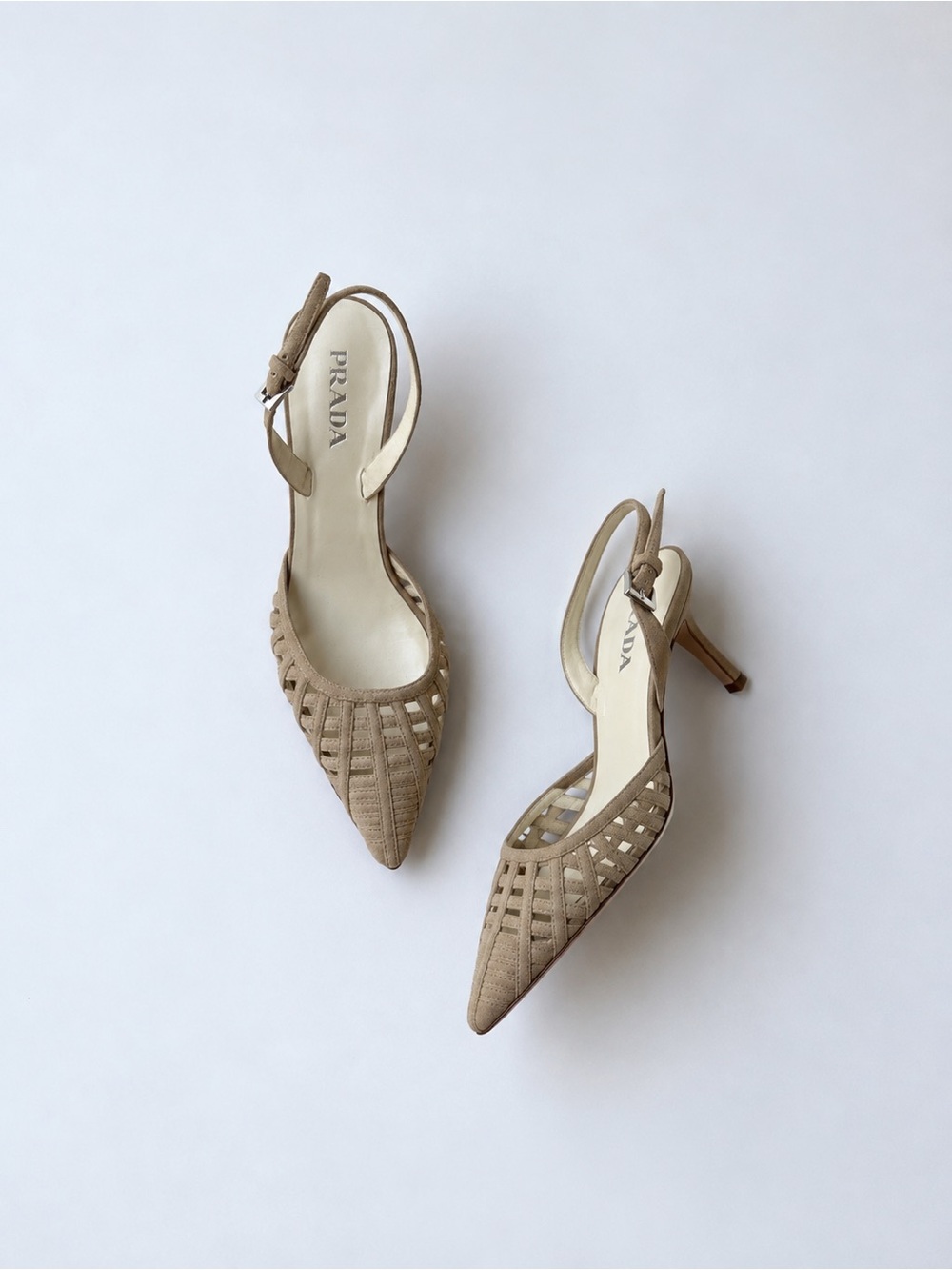 Prada Taupe Suede Lattice Pointed Slingback Heels